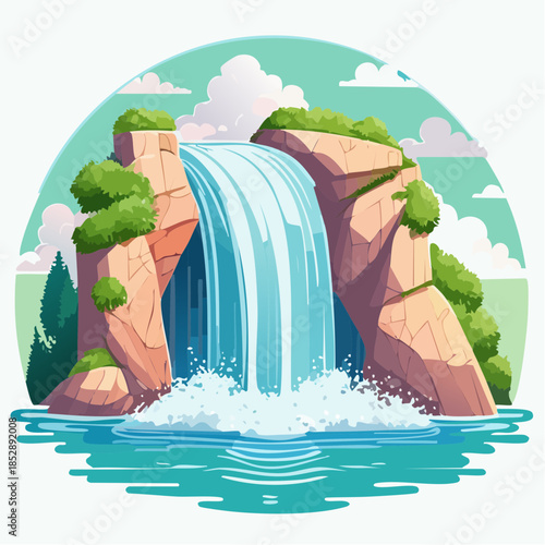 Cartoon illustration of a waterfall cascading over rocks into a pool of water.