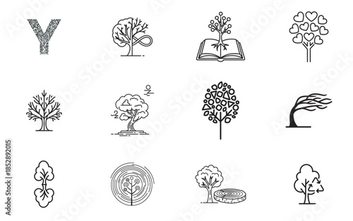 Collection of tree silhouettes isolated on transparent background