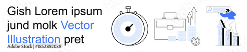 Business strategy, productivity, analytics, efficiency, financial growth, teamwork. A stopwatch, briefcase and person analyzing data. Business strategy and productivity concept