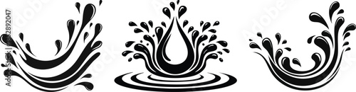 Water splash illustration with droplets bold black white liquid motion abstract effect