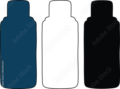 Three Cosmetic Bottles in Blue White and Black on White Background