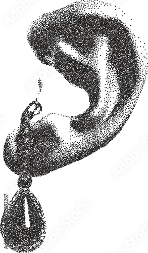 Ear vintage y2k stipple art, listen halftone stipple brutalist retro vector png with transparent background, sound 2000s aesthetic photocopy effect tattoo