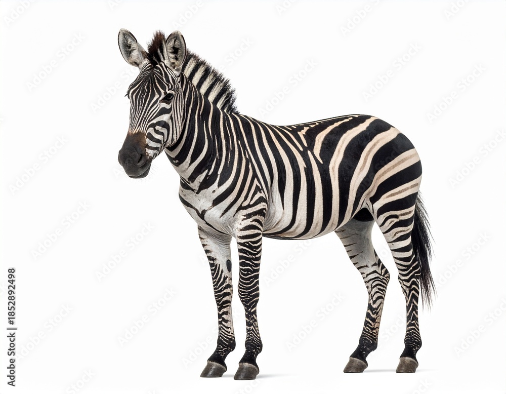 Obraz premium Photo of a zebra isolated on a white background. Iconic black-and-white striped African mammal, ideal for wildlife, nature, and animal photography projects