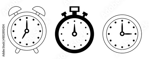 Time icon collection featuring clock, stopwatch, and alarm clock isolated on white background, clean flat symbols for time tracking, scheduling, productivity, and digital interface design.