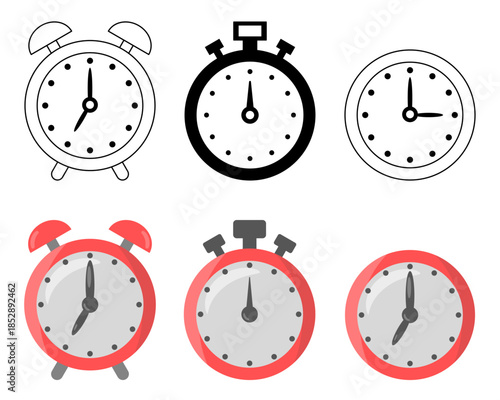 Clock, stopwatch, and alarm clock icon set isolated on white background, clean modern minimal design ideal for apps, websites, UI, presentations, and time management concepts.