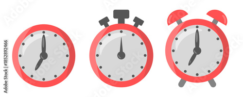 Minimal clock, stopwatch, and alarm clock icons isolated on white background, simple flat style symbols for time, scheduling, productivity, and modern digital interface design.