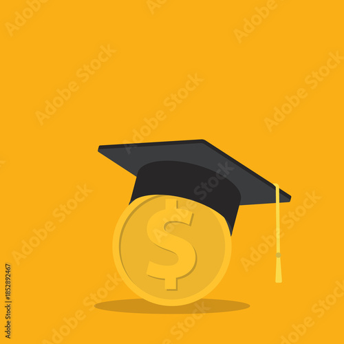 Education finance concept with graduation cap and dollar coin.