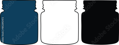 Three Mason Jars in Blue White and Black on White Background