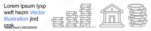 Financial growth, banking, wealth management, saving money, investment strategies, economic systems. Stacked coins and a bank building. Financial growth and banking concept