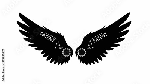 Symbolic black wings with the word 'patent' representing innovation and protection.