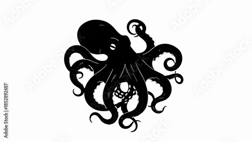 Mysterious black octopus silhouette with swirling tentacles on a white background