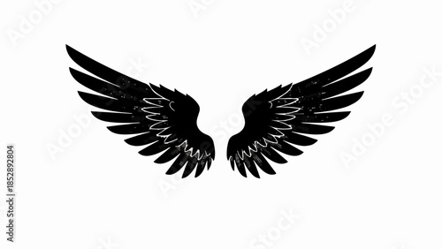 Majestic black angel wings spread wide against a stark white background, symbolizing freedom and power.