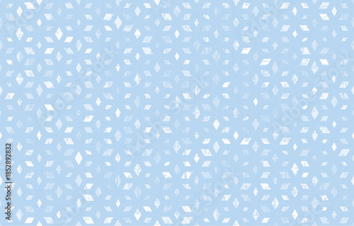 Isometric hexagon pattern with cube illusion in soft white,  and blue colors, winter snowflakes, seamless vector pattern