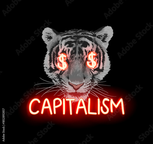 capitalism neon light slogan with tiger face vector illustration on black background