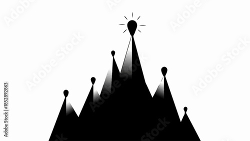Shining lightbulb atop a mountain peak representing innovation and success