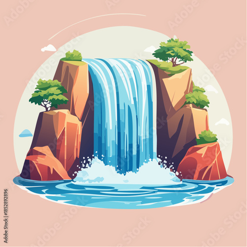 Cartoon illustration of a waterfall cascading over rocks into a pool of water.