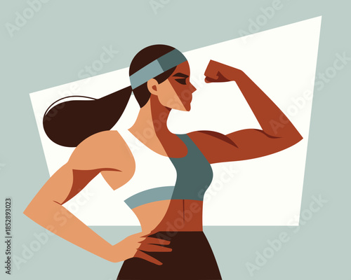 Strong woman in sportswear flexing her muscles confidently