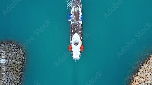 Cruise sailing vessel. Overhead view