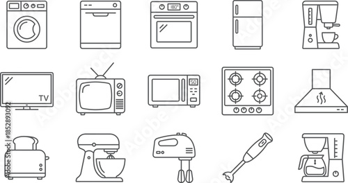 Home appliances and kitchen electronics vector line icon set featuring washing machine, refrigerator, oven, microwave, coffee maker, and blender collection