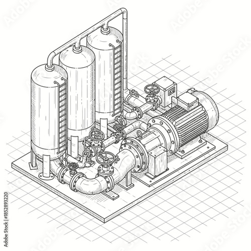 A precise isometric line drawing meticulously depicts a sophisticated industrial pump system, showcasing large storage tanks, interconnected piping, and a robust motor.