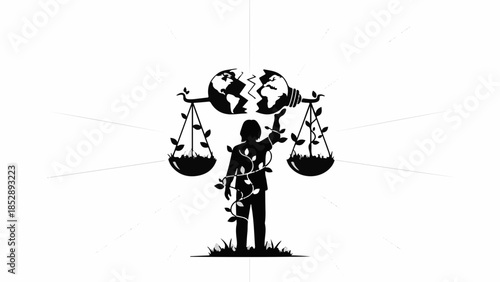 Symbol of global imbalance and environmental concern with a person balancing broken earth.