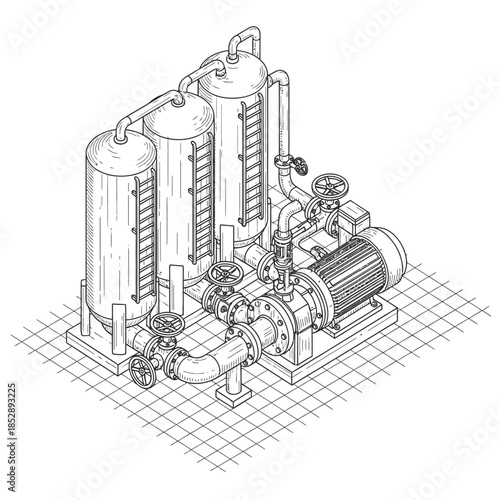 Detailed isometric line drawing illustrating an industrial fluid processing system with multiple tanks, a powerful pump, and intricate piping infrastructure.