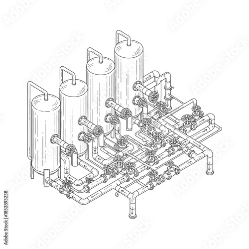 Detailed isometric line drawing illustrating a complex industrial processing system featuring multiple tanks, intricate piping, and numerous control valves.
