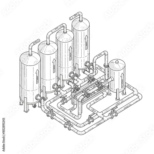 An intricate isometric line drawing depicts a complex industrial water treatment and purification facility, featuring tanks, pipes, and control valves.
