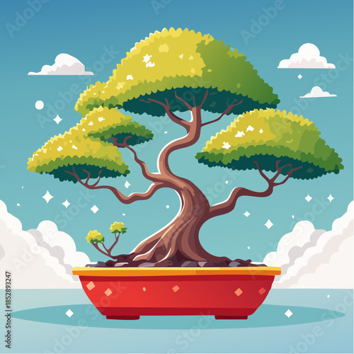 Cartoon bonsai tree in a red pot against a blue sky with clouds and stars.
