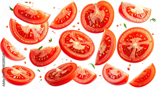 Sliced red tomatoes float against dark backdrop, seeds and greenery visible