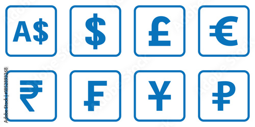 Currency symbols icons set with Dollar, Euro, Pound, Rupee, Franc, Ruble, Yen, Won . world currency icon.