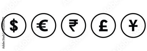 Currency symbols icons set. Vector illustration of coins with international currency symbols. Dollar, Euro, Pound, Rupee, Franc, Ruble, Yen, Won, Lira etc. world currency symbol.