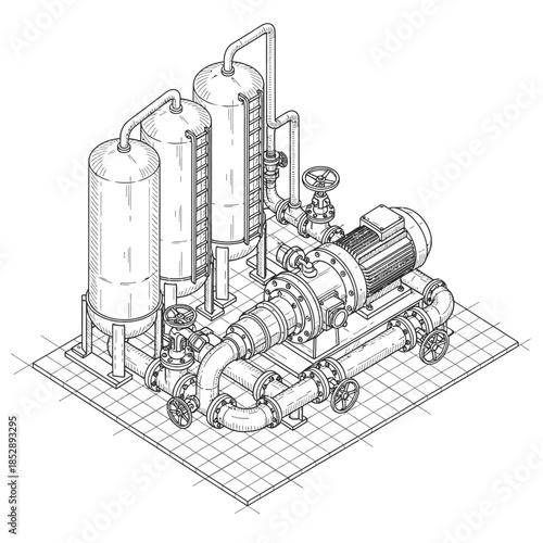 An intricate isometric line drawing illustrates a robust industrial fluid processing system, featuring a powerful pump, motor, complex piping, and two large tanks.