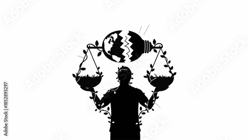 Symbol of justice weighing global environmental concerns and innovative solutions