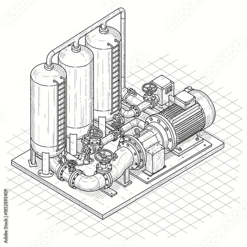 An intricate isometric line drawing illustrates a complex industrial pump station featuring multiple tanks, pipes, and a powerful motor, set against a technical grid.
