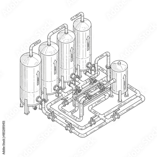 A detailed isometric line drawing illustrates a sophisticated industrial water purification system, featuring numerous tanks, pipes, and valves for efficient processing.