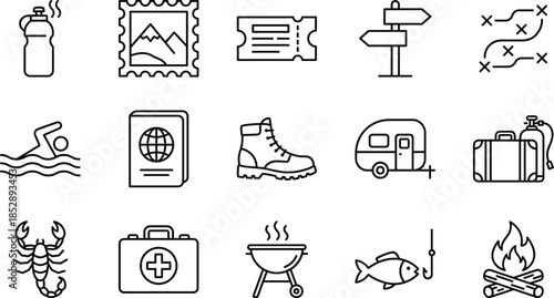 Outdoor adventure travel vector line icon set featuring camping gear hiking equipment tourism symbols summer vacation and nature exploration elements collection