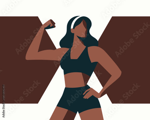 Strong woman in sportswear flexing her muscles confidently