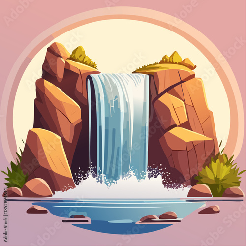 Cartoon illustration of a waterfall cascading into a pool surrounded by rocks.