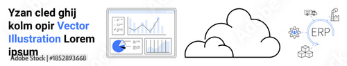 Analytics dashboard with bar and pie charts, cloud outline, ERP process icon set. Ideal for data analysis, cloud computing, ERP, business management, forecasting, IT solutions simple landing page