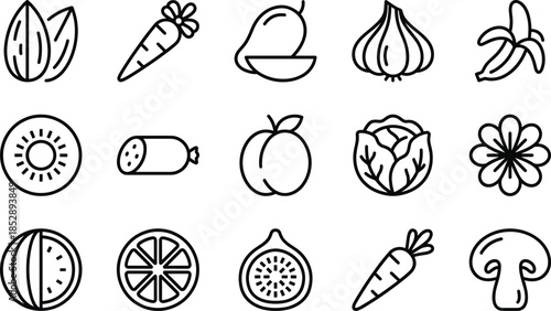 Vector line icon set of healthy organic food including vegetables fruits nuts and mushrooms isolated on a white background collection