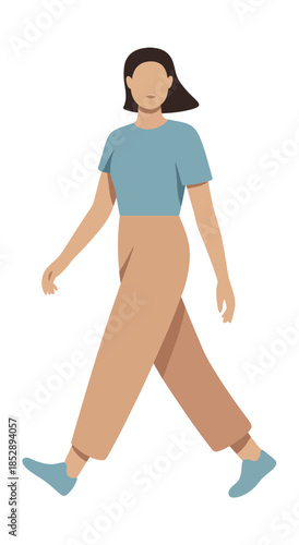A person walks with their arms at their sides and legs apart in a casual stride.