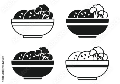Simple black and white icons of a bowl containing healthy food items like broccoli