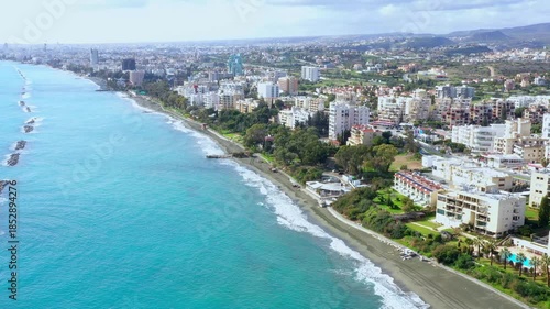 Town coastline with modern buidings, waterfront and sea beach. Limassol, Cyprus