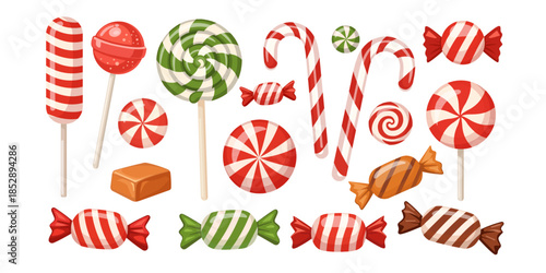 Christmas Candy Cane and Peppermint Sweets Set Flat Vector Illustration