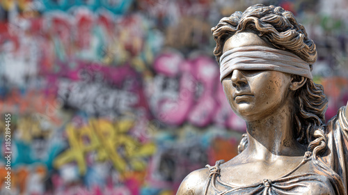 A close-up of the bronze sculpture of Lady Justice, blindfolded, symbolizing impartiality, stands against a colorful graffiti backdrop.