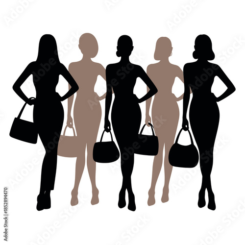 Silhouettes of five stylish women in dresses holding handbags.