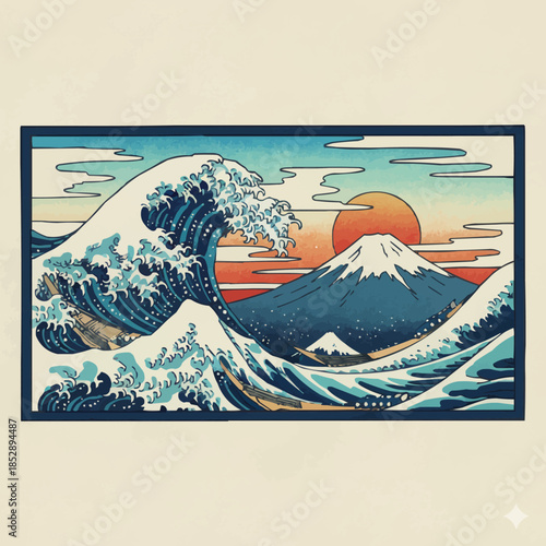 Japanese style ocean wave illustration inspired by Hokusai's Great Wave.
