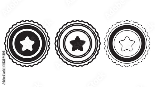 Three circular badges with stars and serrated edges in different styles on white background