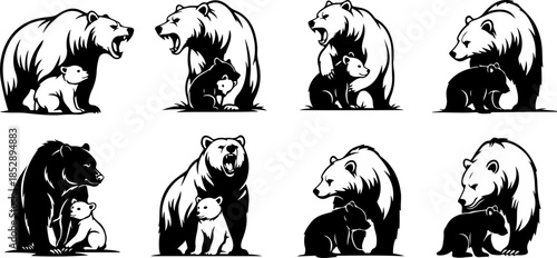 Woodland Wildlife Bear Family Vector Set - Mother and Cub Illustrations